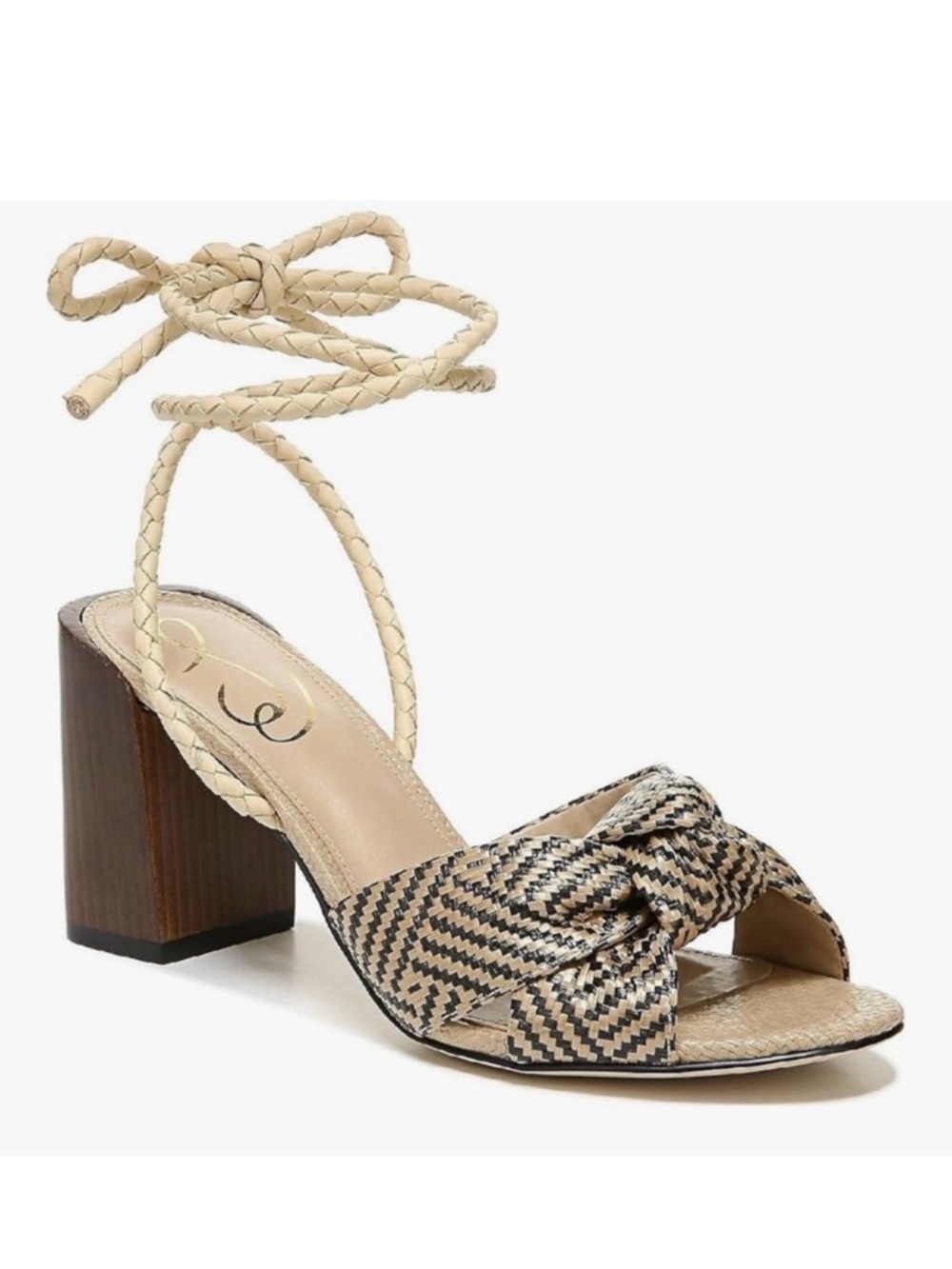 Sam Edelman Bodhi Sandals Sz 9.5 M Natural / Black Weave Block Heel TRIED ON